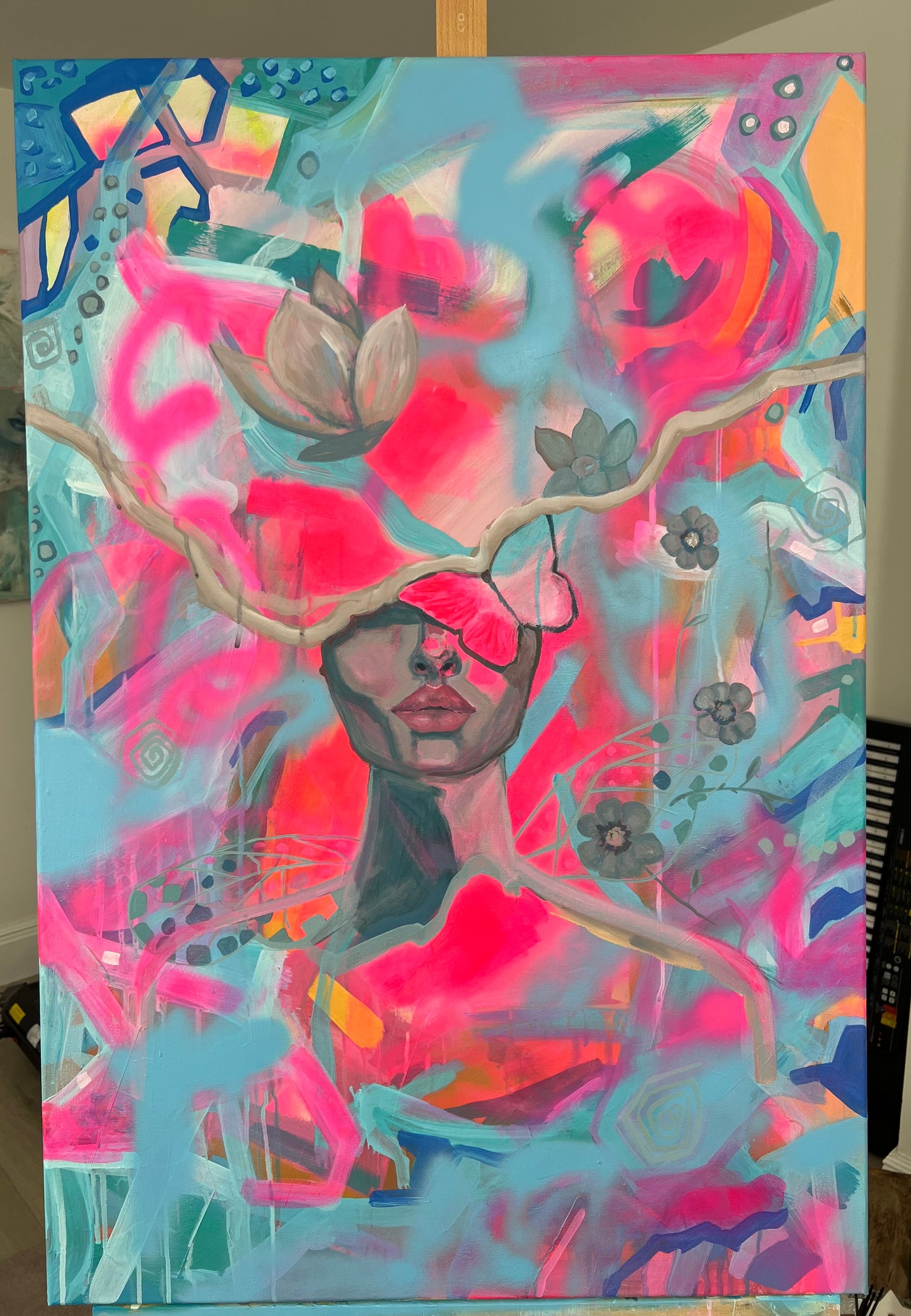 Bright Pink Abstract Face Acrylic Painting 61x91 cm