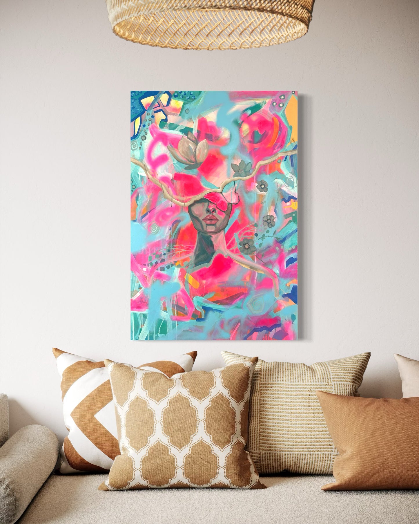 Bright Pink Abstract Face Acrylic Painting 61x91 cm