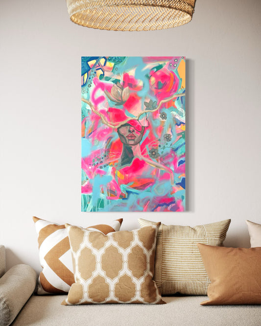 Bright Pink Abstract Face Acrylic Painting 61x91 cm